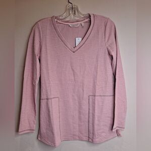 Soft Surroundings Oversized Pink Waffle Long Sleeve V-Neck W Side Pocket…